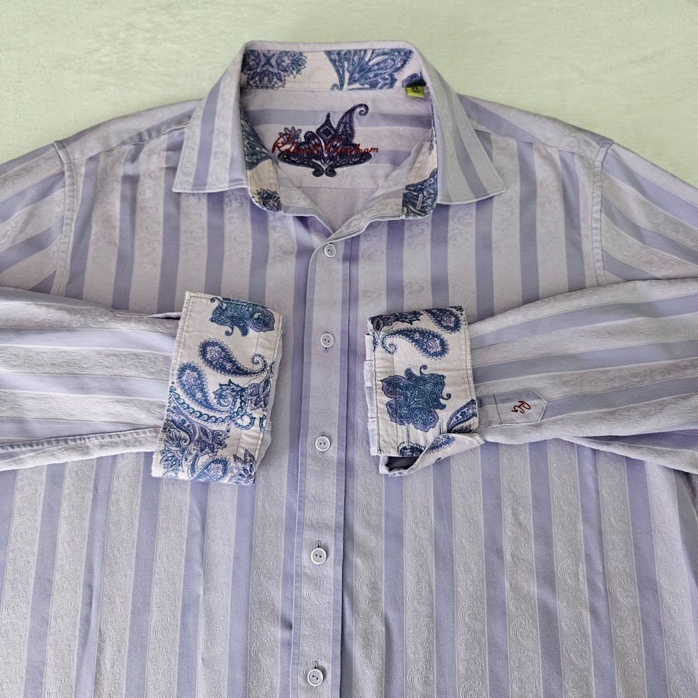 Robert Graham Men's XL Lavender Striped Button Up Shirt Flip Cuff‎ Blue Paisley